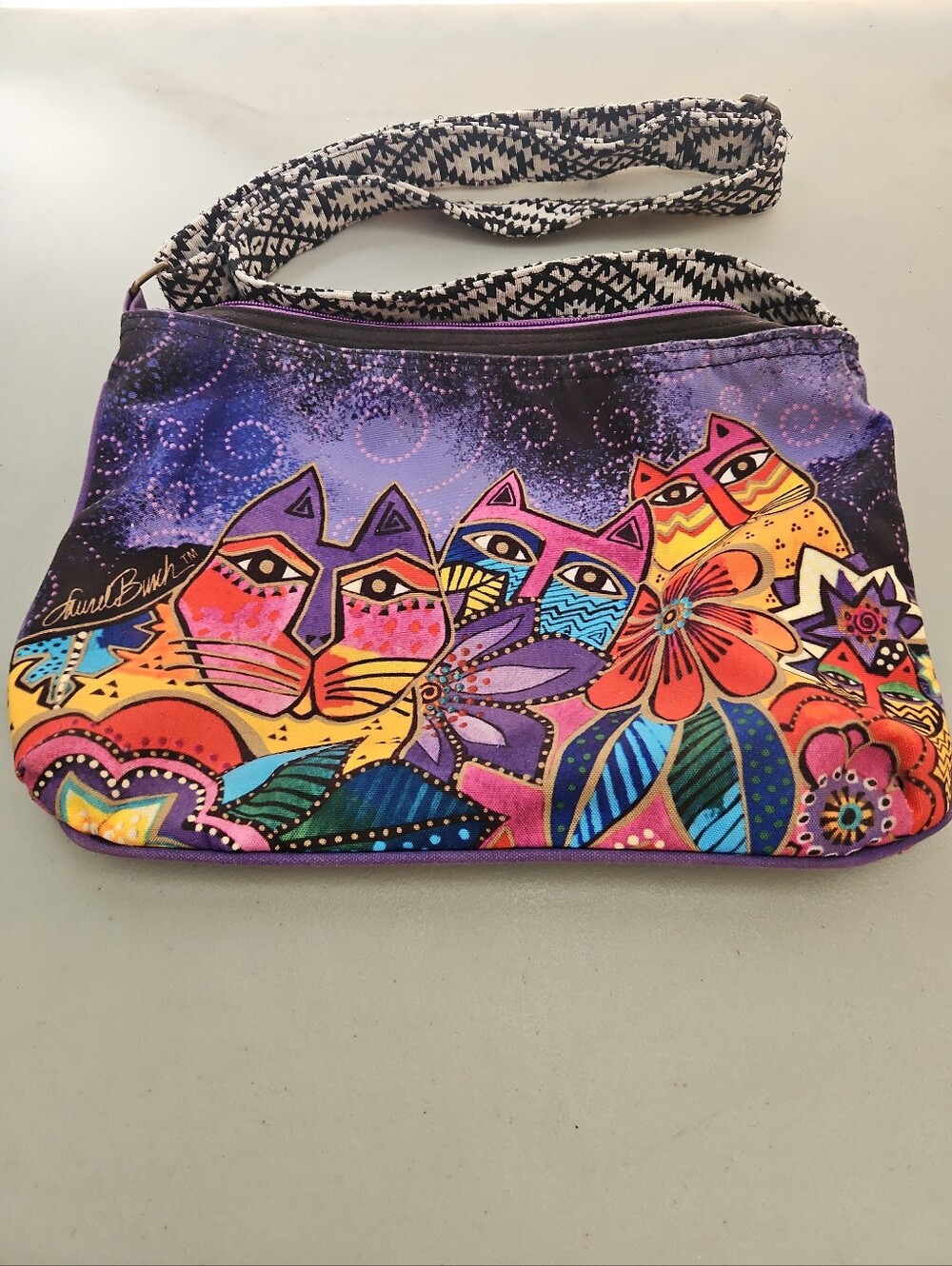 Laurel Burch Vintage Large Feline Cat Floral Canvas Crossbody Shoulder Bag